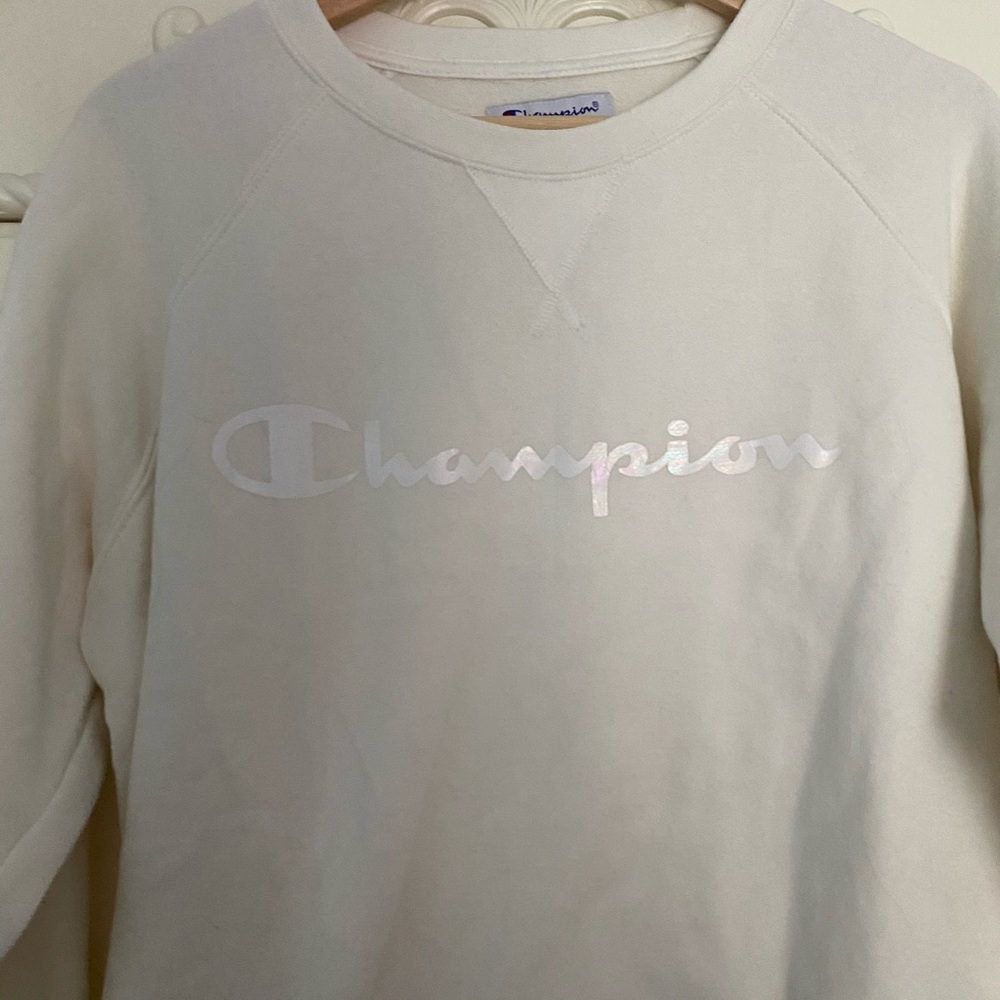 champion white and iridescent crew neck sweatshirt